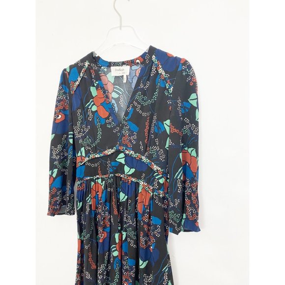 Ba&sh Agathe Dress Black Floral V Neck Three Quarter Sleeve Size 4 - Picture 5 of 15